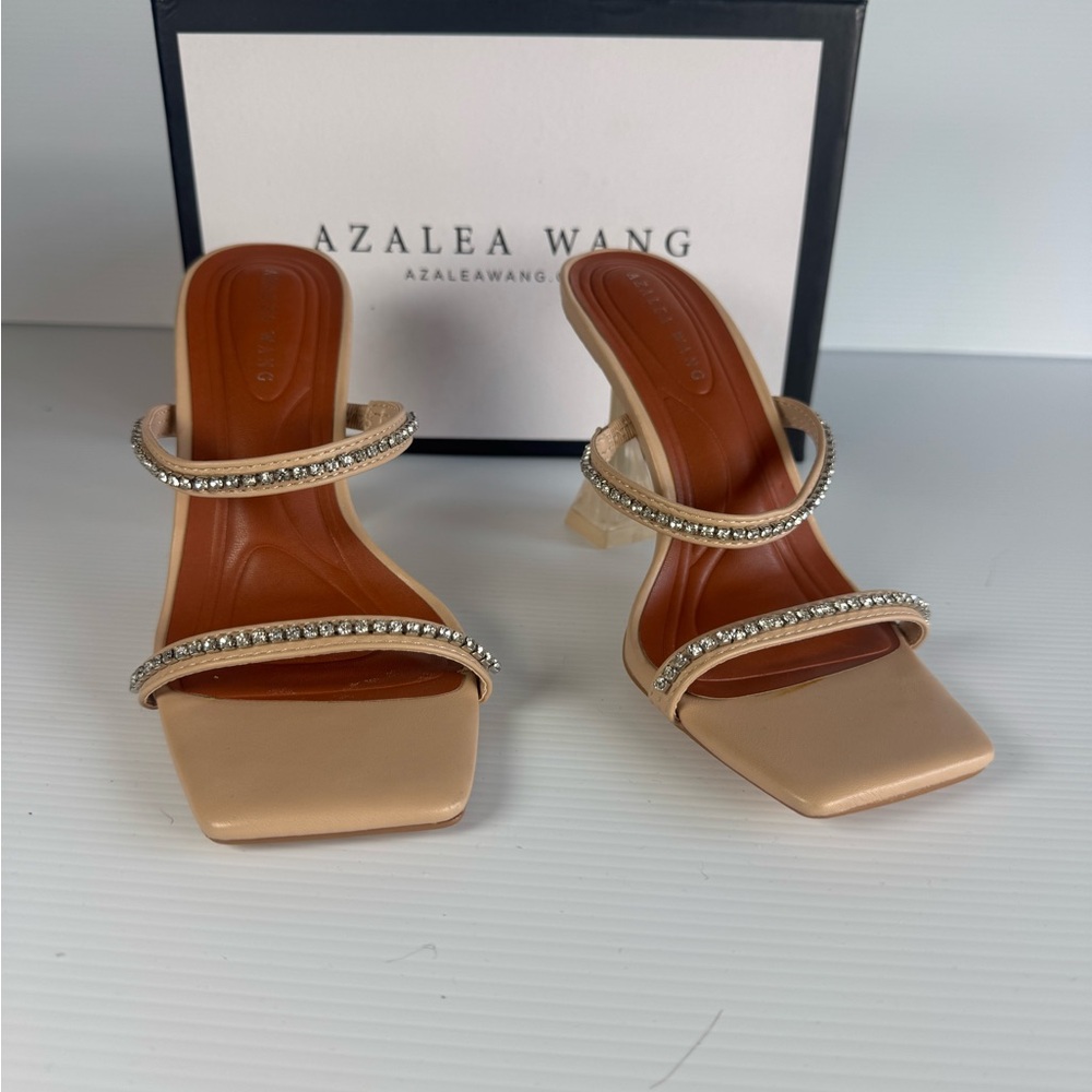 NWT Azalea Wang PYTALS Beige Rhinestone Mule Heels MULTI SIZES Sq Toe Sandals - Picture 3 of 6
